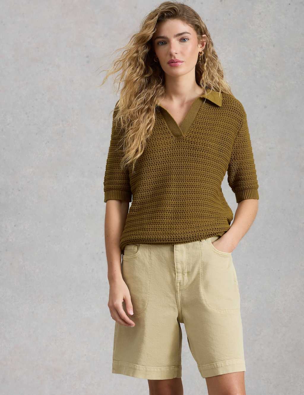 White Stuff Pure Cotton Textured Collared Knitted Top Green