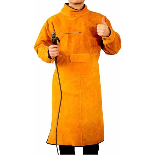 XL-105cm) Unisex Cowhide Leather Welder Apron - Yellow with Sleeves and Collar, Protective Apron for Workshop Work, Spark and Heat Resistant